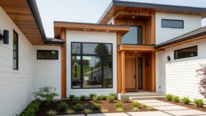 white and wood tones exterior home color