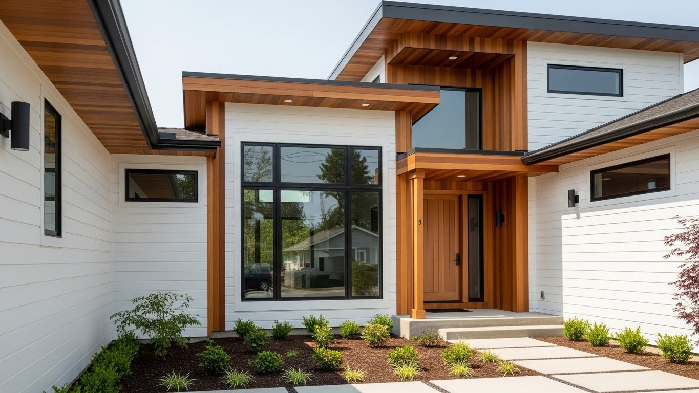 white and wood tones exterior home color